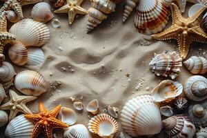 Assortment of Seashells and Starfish on Sandy Beach - Summer Vacation Concept for Wall Art and Home Decor photo