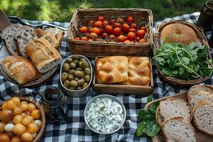 Summer Picnic Spread with Fresh Bread, Olives, Spinach, and Tomatoes - Ideal for Food Photography or Marketing Materials photo