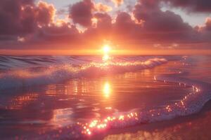 Serene Sunset Over Ocean Waves with Golden Cloud Reflections - Ideal for Summer Vacation, Beach Retreat, and Tranquil Designs photo