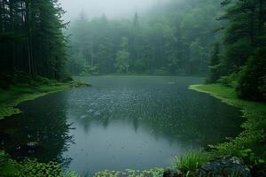 Serene Forest Lake in Morning Mist - Nature Landscape for Tranquil Spring Photography and Poster Design photo