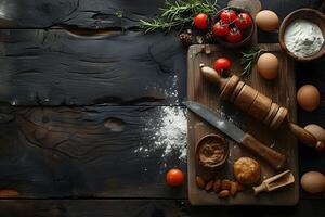 Rustic Kitchen Scene with Fresh Ingredients for Baking and Cooking Ideal for Culinary Design Projects photo