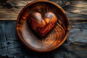 Rustic Wooden Heart Art with Natural Grain Texture on Dark Wooden Background Ideal for Home Decor, Finish, Craftsmanship Projects photo