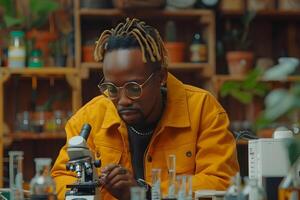 Scientist Examining Samples with Microscope in Laboratory Research, Experimentation, Discovery photo