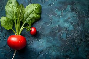 Fresh Radish with Green Leaves on Textured Dark Background - Food Photography for Print and Design photo