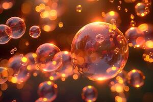 Ethereal Glowing Bubbles Floating in Golden Sunset Light for Design, Print, and Poster photo