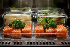Fresh Sushi Display with Salmon and Vegetables, Perfect for Healthy Meals and Restaurant Menus photo