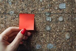 Empty Red Sticky Note on Cork Bulletin Board for Reminder and Organization photo