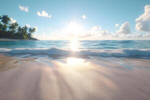 Tranquil Beach Sunrise with Shimmering Waves and Palm Trees for Nature, Travel, and Relaxation Concepts photo