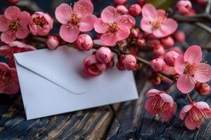 Spring Blossom Floral Greeting Card Design - Cherry Blossoms with Envelope for Spring Celebrations and Invitations photo