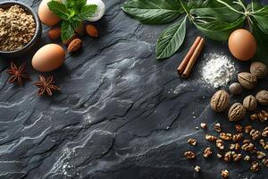 Baking Ingredients on Rustic Slate Background Nuts, Spices, Eggs, and Flour for Culinary Creations photo