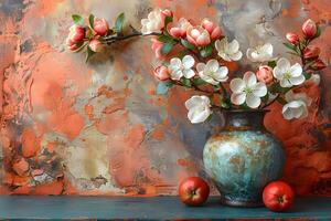 Elegant Spring Blossoms in Antique Vase on Rustic Textured Background for Home Decor and Design photo