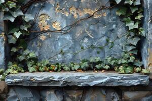 Rustic Ivy Wall Texture with Weathered Plaster and Stone Shelf - Ideal for Backgrounds, Designs, Posters photo