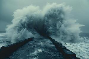 Dramatic Ocean Wave Crashing over Seaside Pier on a Stormy Day - Nature Power Concept for Posters and Prints photo