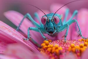 Vibrant Blue Mantis on Pink Flower Macro Insect Photography for Nature, Science, and Art Projects photo