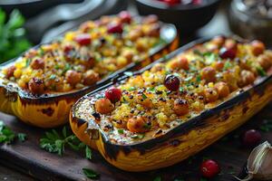 Healthy Vegan Stuffed Spaghetti Squash with Quinoa, Chickpeas, and Cranberries - Perfect for Fall Cuisine and Plant-Based Diets photo