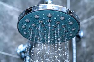 Modern Showerhead with Multiple Nozzles Showcasing Water Flow in Bathroom Design for Print, Poster, Advertisement photo