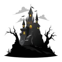 Dark Haunted Castle on a Hill with Bats and Bare Trees Illustration vector