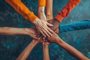 Unity and Diversity Hands Joined Together Showing Teamwork and Cooperation in a Vibrant Community photo