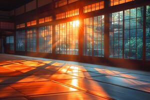 Tranquil Sunrise in Traditional Japanese House with Sunlight Through Paper Windows - Ideal for Zen Decor, Meditation Spaces, and Mindfulness Posters photo