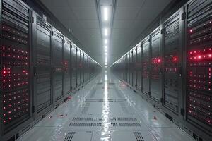 Modern Data Center with Red LED Lights, Server Racks, and Reflective Flooring - Technology Infrastructure photo