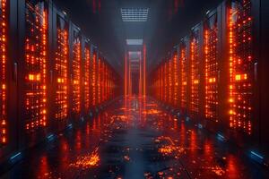 Futuristic Data Center Hallway with Illuminated Server Racks photo