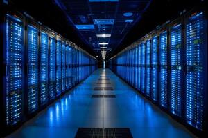Modern Data Center with Illuminated Server Racks High-Tech Network and Information Storage Facility photo