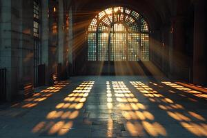 Sunlight Streaming Through Arched Windows in a Grand Hall - Architectural Photography for Design, Print, Poster photo