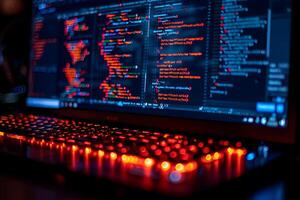 Colorful Code on a Computer Screen at Night Perfect for Technology, Programming Cybersecurity Concepts photo