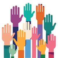 Multiple hands of different sizes and genders coming together to form a pink ribbon vector