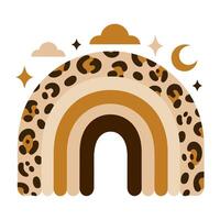 Leopard print rainbow with stars, clouds, and moon, single illustration vector