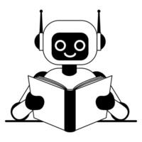 Black and white line icon of robot reading a book isolated on transparent background vector