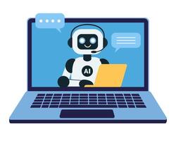 Cute chat bot robot with yellow laptop on on the monitor screen vector