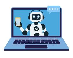 Cute chat bot robot on the laptop monitor screen showing smartphone vector