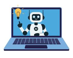 The robot on the laptop monitor screen pointing to the light bulb and develops an innovative business idea or strategy. vector