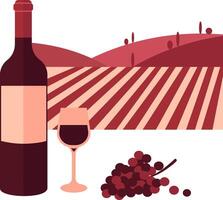 Bottle and glass of red wine and bunch of red grapes and vineyard as background. vector
