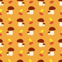 Autumn pattern with image of mushrooms and yellow and red leaves. vector