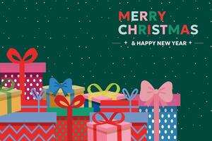 Merry Christmas and Happy New Year greeting card with gifts on a green background. Modern Xmas design with typography, colorful ribbons and bows. Minimal art banner, poster, cover templates vector