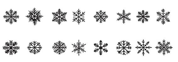 A winter snowflakes icons. Collection silhouette snowflake designs featuring various geometric patterns and symmetrical shapes. vector