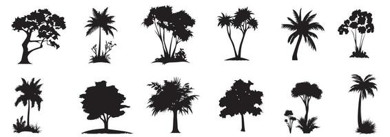 Set tree silhouettes in various styles arranged in rows on a white background. vector