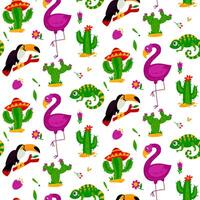pattern of Mexican animals and cacti. Flamingos, chameleon, toucan and cacti, flowers and berries are blooming in sombreros. Flat colored texture, hand-drawn. Bright elements in seamless textures vector