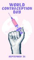 Hands with a syringe, a collage in the style of pop art grunge. World Contraception Day, September 26, is made in a halftone style using dots. Hands holding a flat syringe for injection vector
