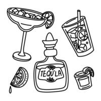 a set of doodle Margarita cocktails, Mojito in a glass, a bottle of tequila with a shot glass. a slice of lemon, lime, hand-drawn, with ice cubes. Contour illustration. alcoholic beverages vector