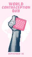 hand holds a contraceptive patch, a collage in the style of pop art grunge. World Contraception Day. Hands holding a flat patch, September 26, is made in a halftone style using dots. vector