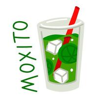 Mojito cocktail in a glass with a straw, an alcoholic drink, hand-drawn, with ice cubes and lime halves. flat bright illustration. Mexican refreshing green drink. Bright with a name vector