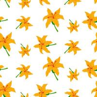 pattern of flat natural yellow bright flowers on a stem, lilies. Decorative floral graphics. A botanical seamless floral motif. texture for printing. Flora in yellow open buds falling from above vector