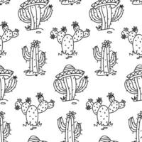 pattern of Mexican cacti is a black doodle. A lot of thorny plants bloom in a sombrero hat. Hand-drawn seamless texture with flowering cacti. Contrasting elements textiles of the desert nature vector