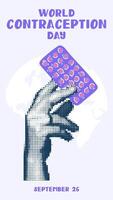 The hand holds a blister with pills, a collage in the style of pop art grunge. World Contraception Day. The hands holding the tablets, on September 26, are made in a halftone style using dots. vector