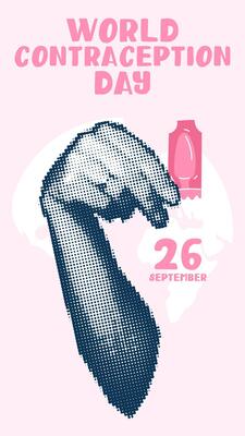 hand holds a medical contraceptive candle, a collage in the style of pop art grunge. World Contraception Day. The hands holding a flat candle, on September 26, are made in a halftone style using dots.