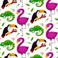 A pattern with Mexican animals, birds and a lizard. Flamingos, chameleon, toucan and plants flowers and berries. A flat colored texture, hand-drawn in bright colors. elements in a seamless texture vector