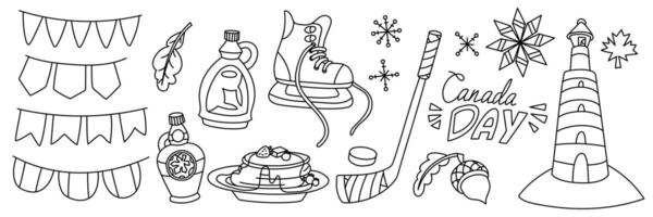 A set of doodle illustrations on a Canadian holiday theme. Canada Day. Individual items, food, holidays on a white background. Ideal for creating handmade souvenirs vector